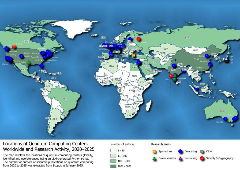 Mapa świata przedstawiająca centra badawcze zajmujące się technologiami kwantowymi. Dane na styczeń 2025 r.